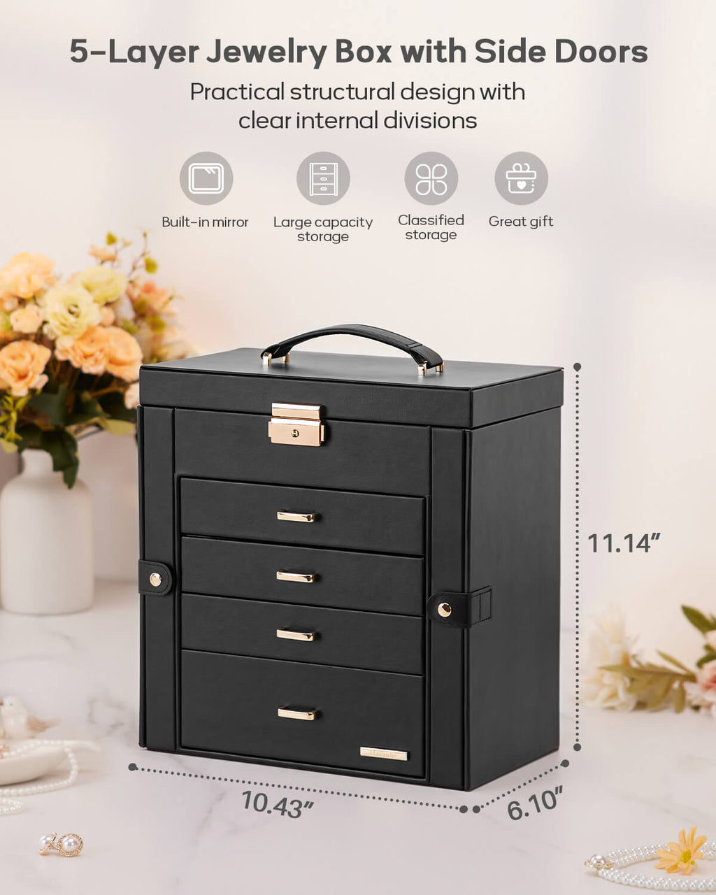 Homde Large Jewelry and Watch Box with Mirror, Lock and 4 Drawers-Homde