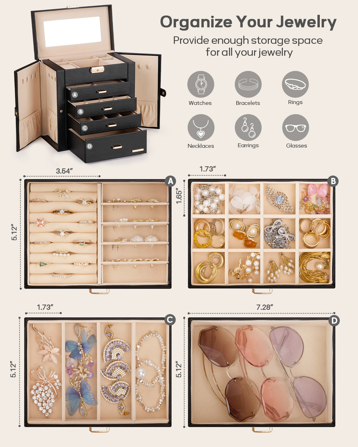 Homde Large Jewelry and Watch Box with Mirror, Lock and 4 Drawers-Homde