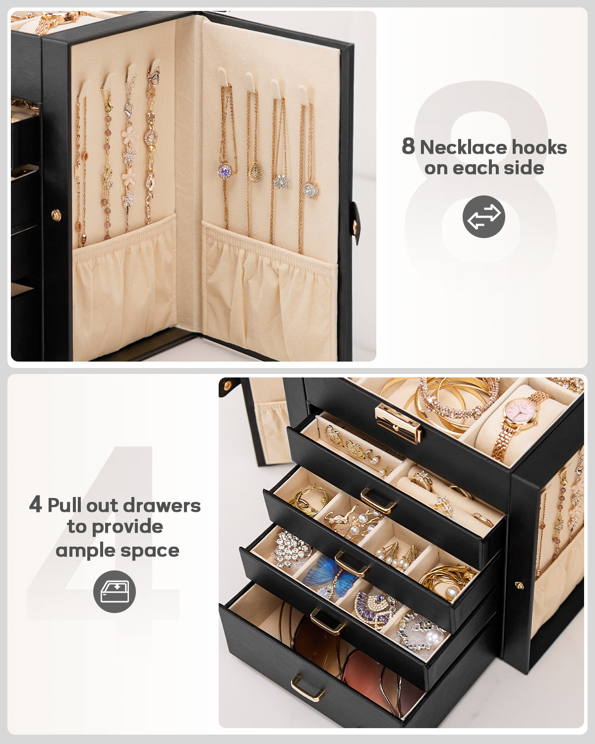 Homde Large Jewelry and Watch Box with Mirror, Lock and 4 Drawers-Homde