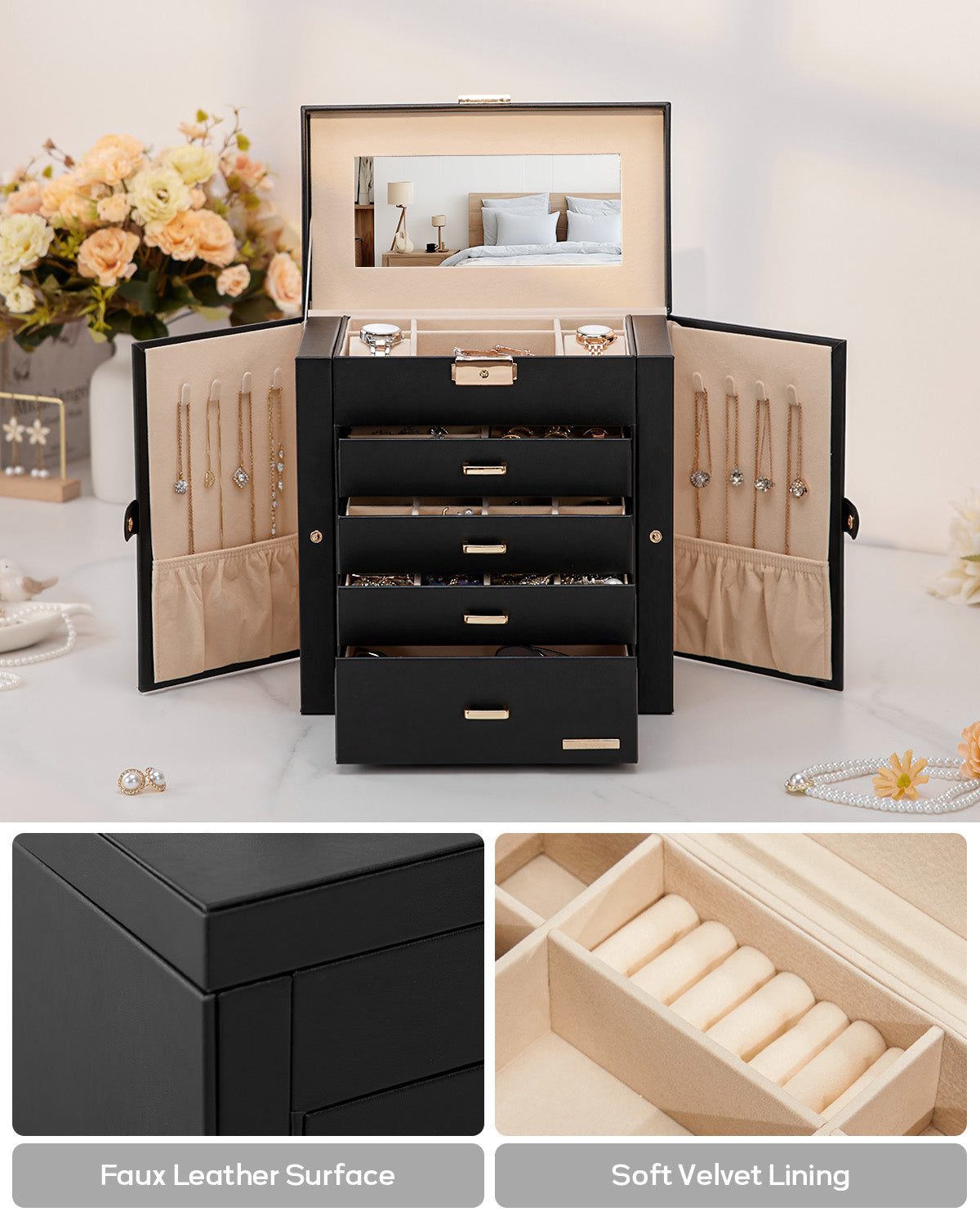 Homde Large Jewelry and Watch Box with Mirror, Lock and 4 Drawers-Homde
