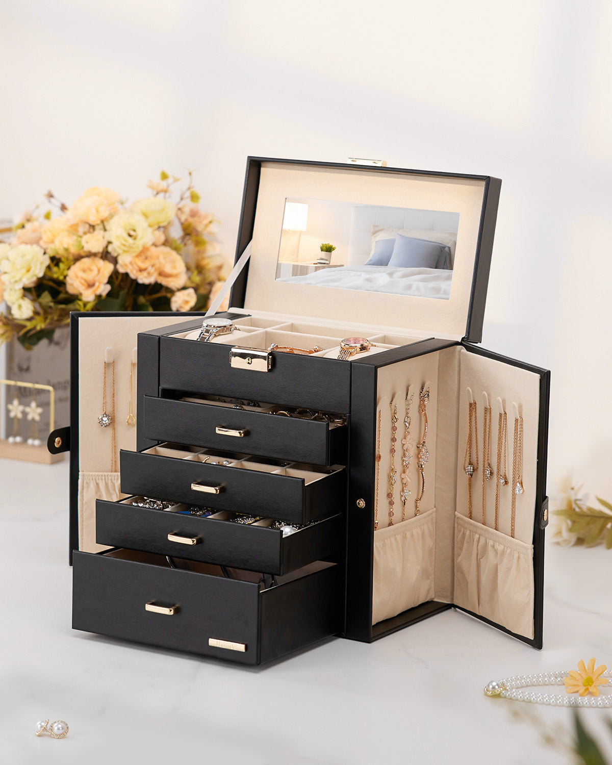 Homde Large Jewelry and Watch Box with Mirror, Lock and 4 Drawers-Homde