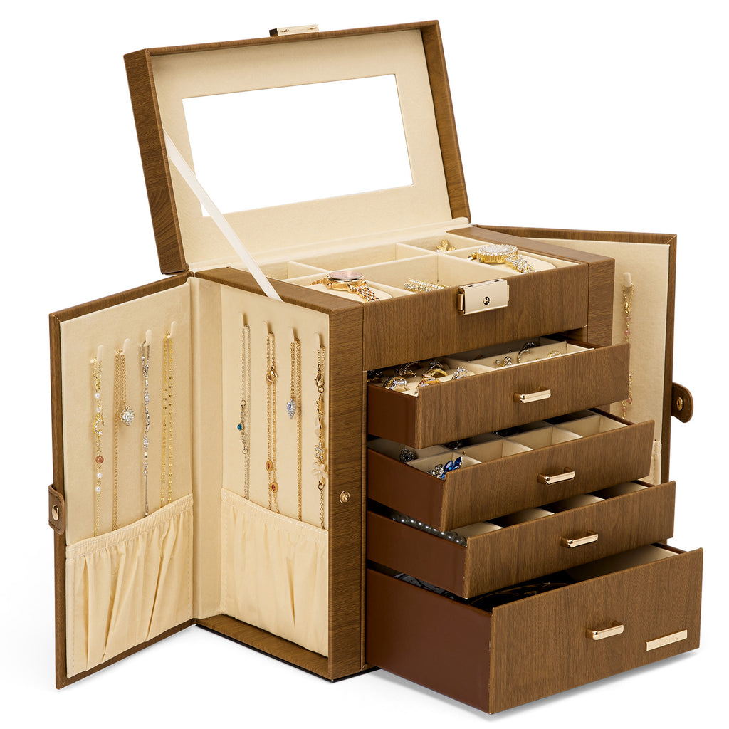Homde Large Jewelry and Watch Box with Mirror, Lock and 4 Drawers-Homde