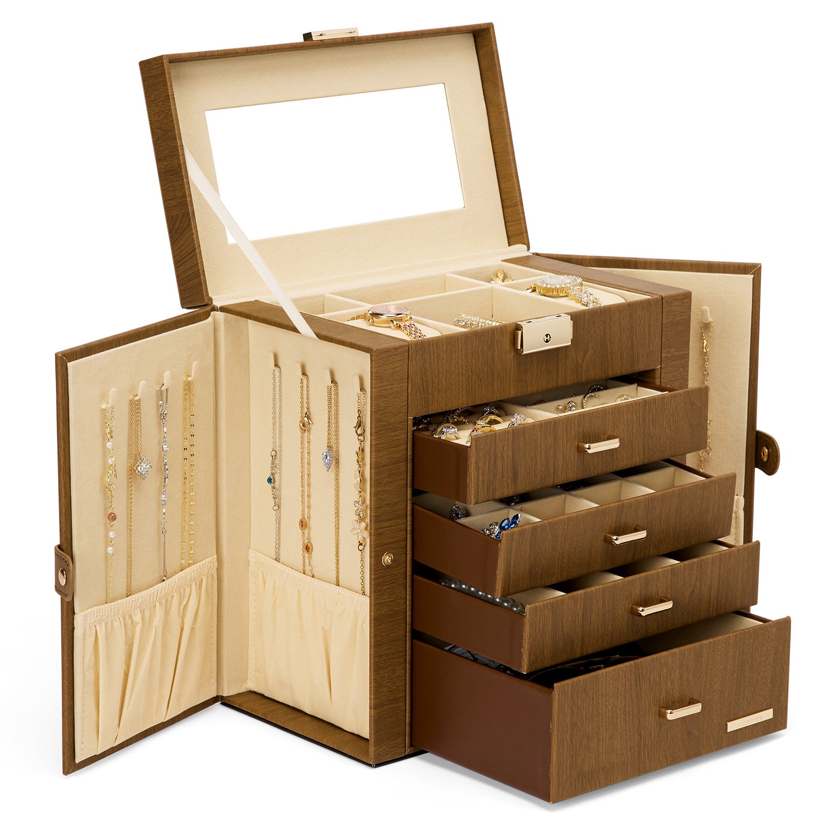 Homde Large Jewelry and Watch Box with Mirror, Lock and 4 Drawers-Homde