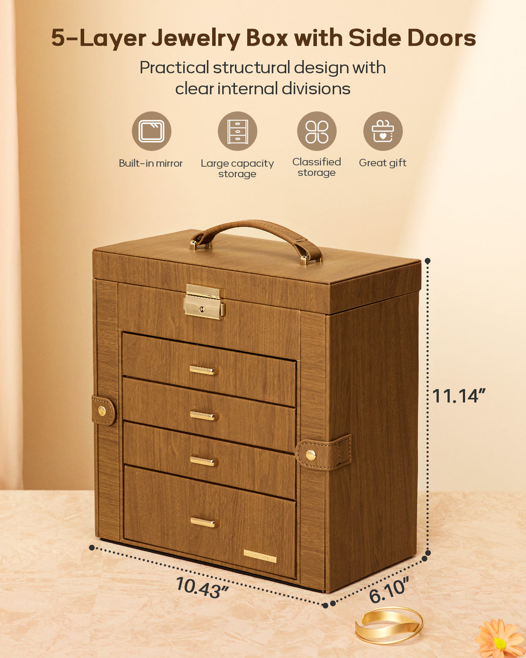 Homde Large Jewelry and Watch Box with Mirror, Lock and 4 Drawers-Homde