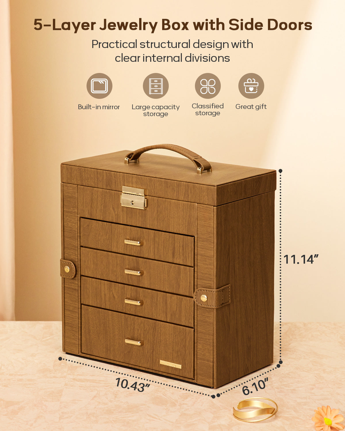 Homde Large Jewelry and Watch Box with Mirror, Lock and 4 Drawers-Homde
