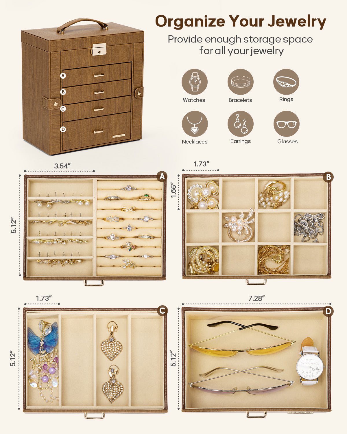 Homde Large Jewelry and Watch Box with Mirror, Lock and 4 Drawers-Homde