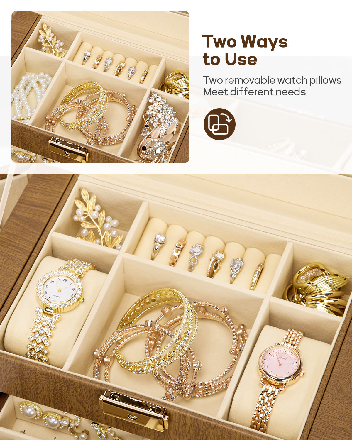 Homde Large Jewelry and Watch Box with Mirror, Lock and 4 Drawers-Homde