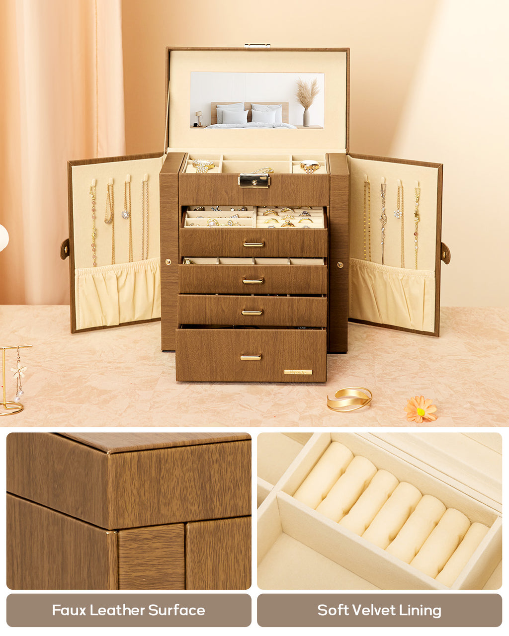 Homde Large Jewelry and Watch Box with Mirror, Lock and 4 Drawers-Homde