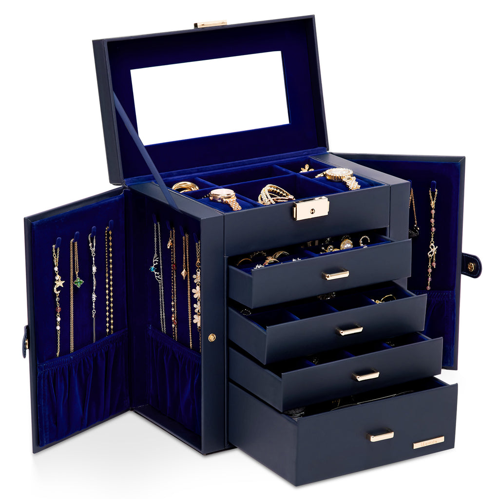 Homde Large Jewelry and Watch Box with Mirror, Lock and 4 Drawers-Homde