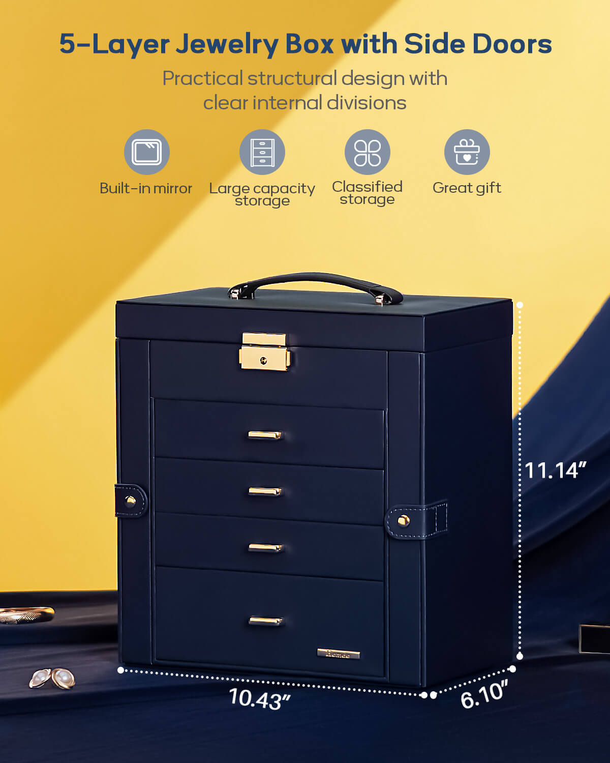 Homde Large Jewelry and Watch Box with Mirror, Lock and 4 Drawers-Homde