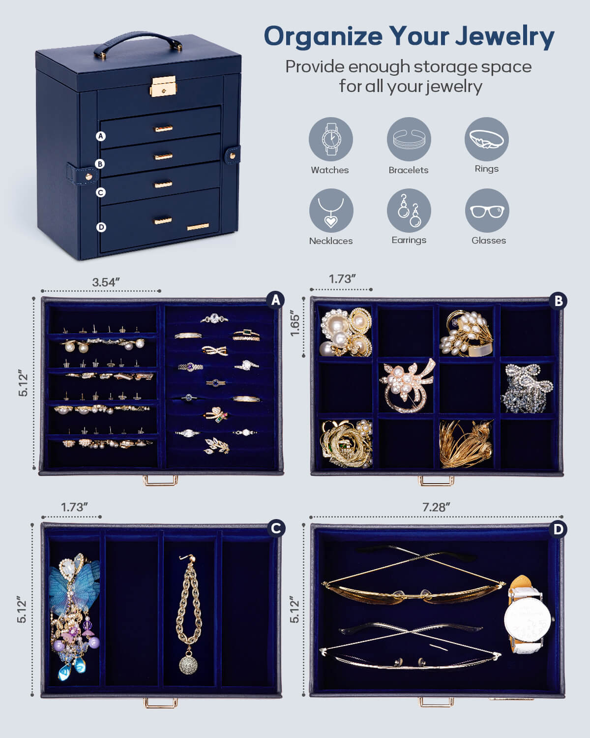 Homde Large Jewelry and Watch Box with Mirror, Lock and 4 Drawers-Homde