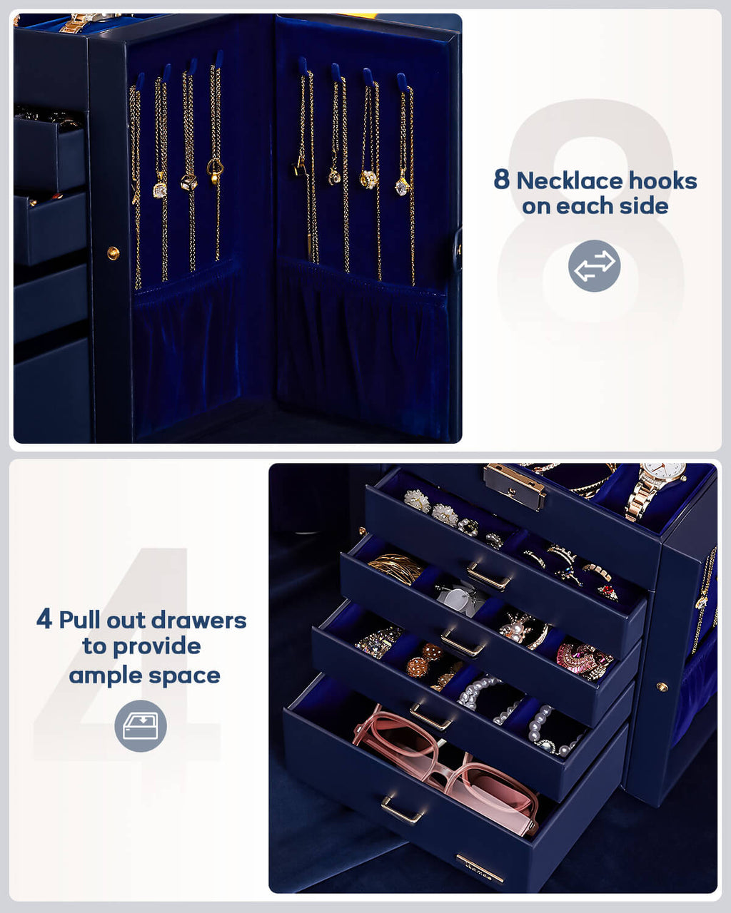 Homde Large Jewelry and Watch Box with Mirror, Lock and 4 Drawers-Homde