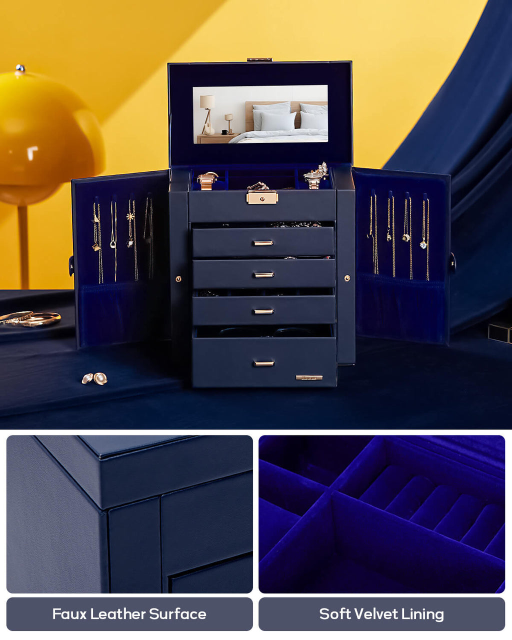 Homde Large Jewelry and Watch Box with Mirror, Lock and 4 Drawers-Homde