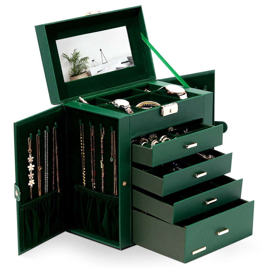 Homde Large Jewelry and Watch Box with Mirror, Lock and 4 Drawers-Homde