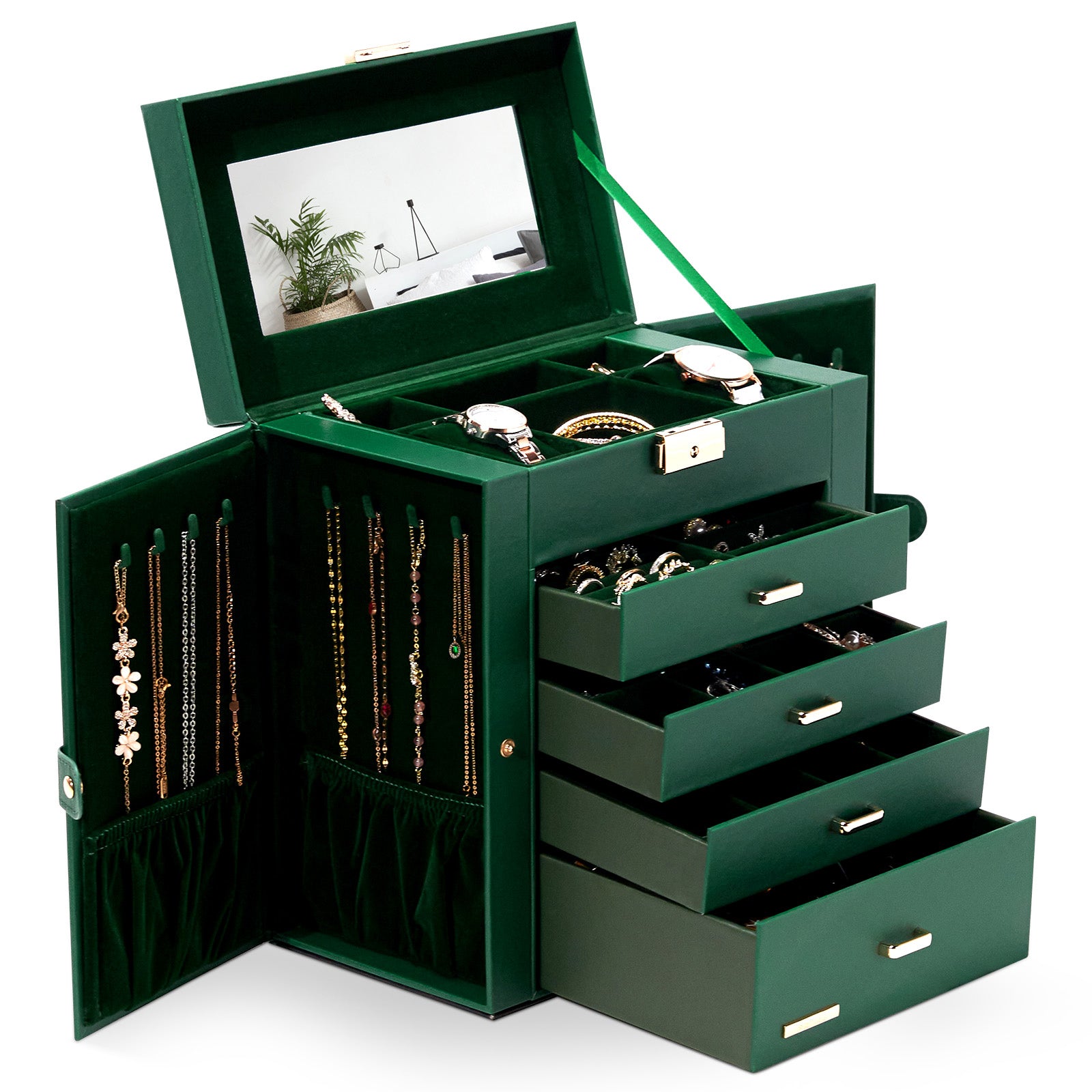 Homde Large Jewelry and Watch Box with Mirror, Lock and 4 Drawers-Homde