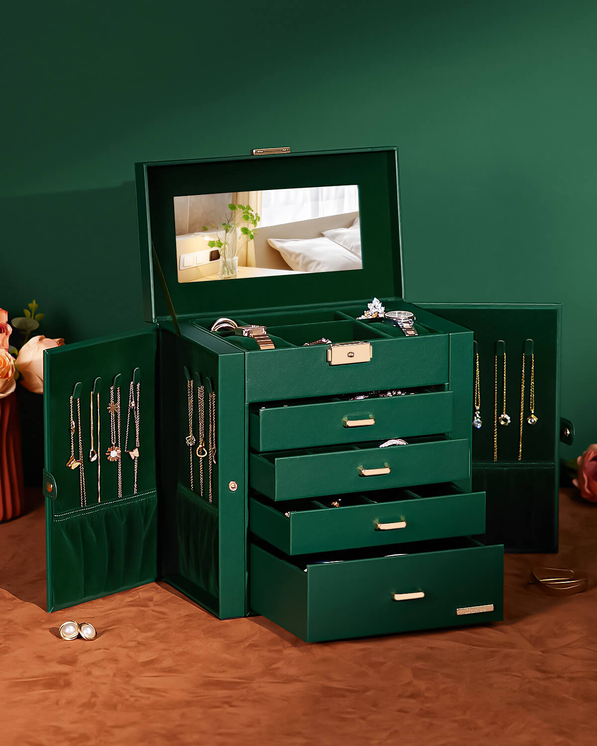 Homde Large Jewelry and Watch Box with Mirror, Lock and 4 Drawers-Homde