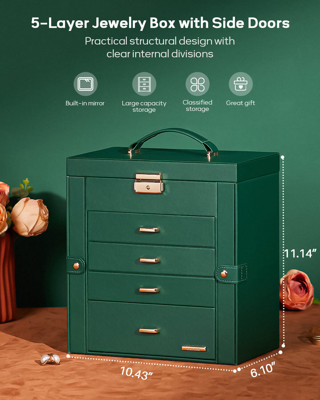 Homde Large Jewelry and Watch Box with Mirror, Lock and 4 Drawers-Homde