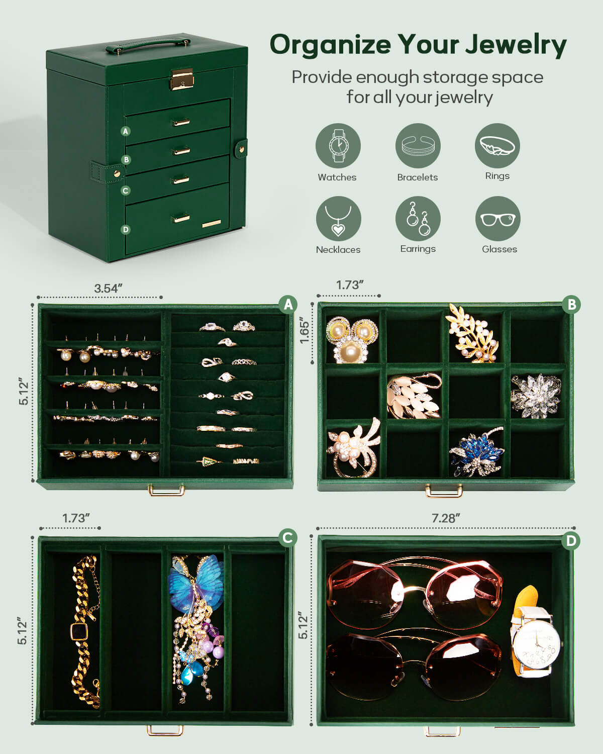 Homde Large Jewelry and Watch Box with Mirror, Lock and 4 Drawers-Homde