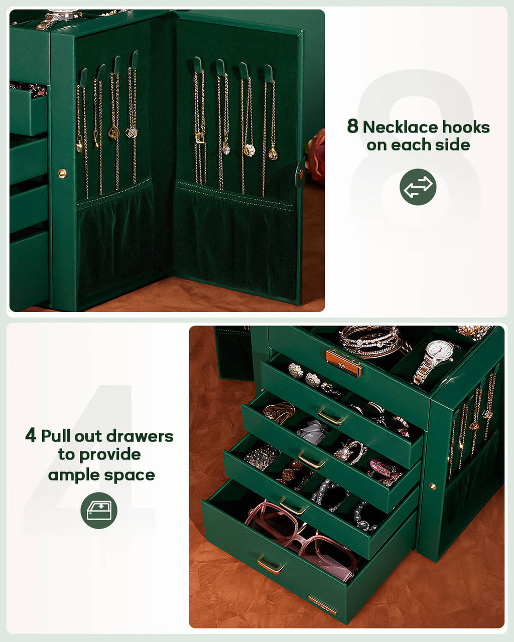 Homde Large Jewelry and Watch Box with Mirror, Lock and 4 Drawers-Homde