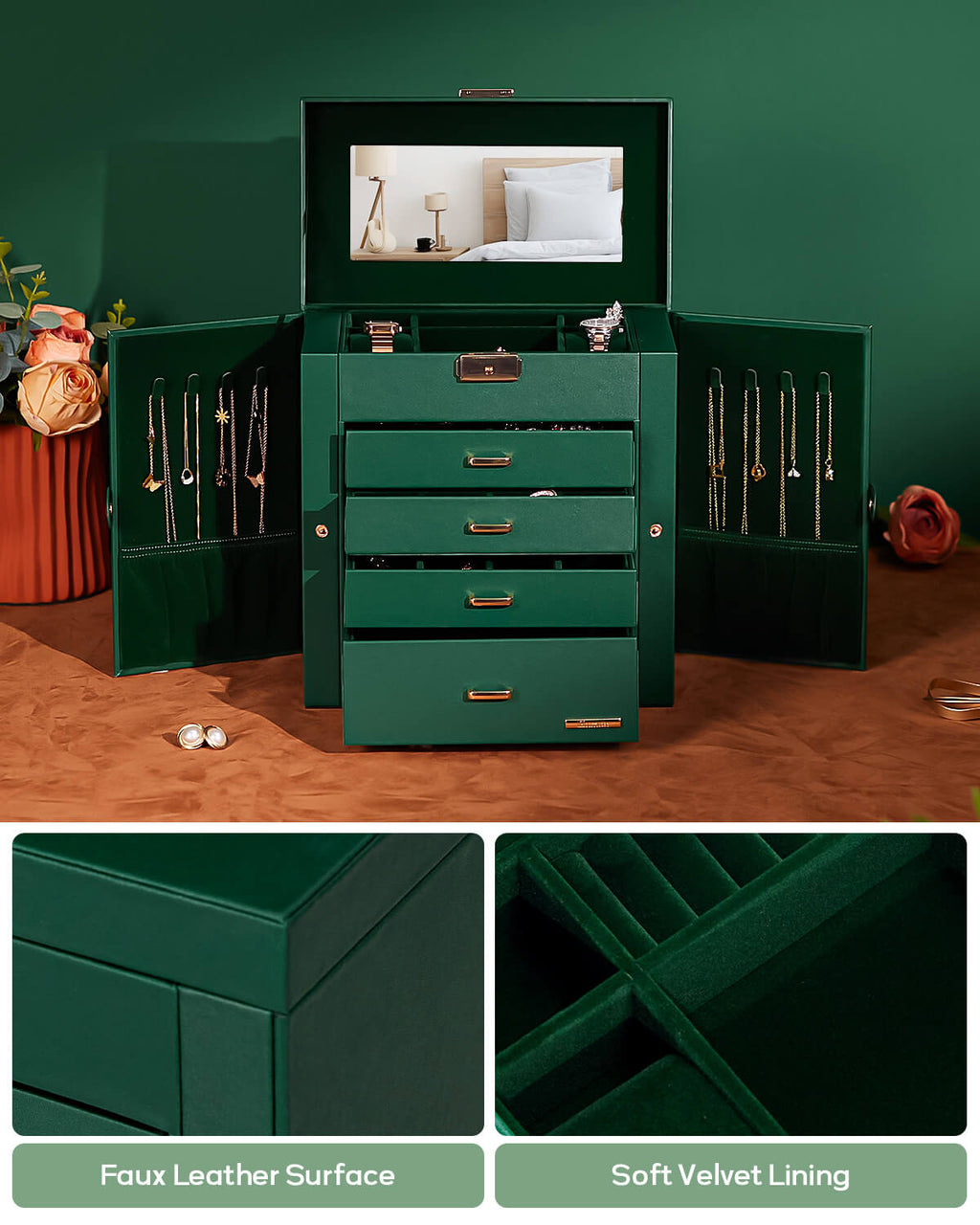 Homde Large Jewelry and Watch Box with Mirror, Lock and 4 Drawers-Homde