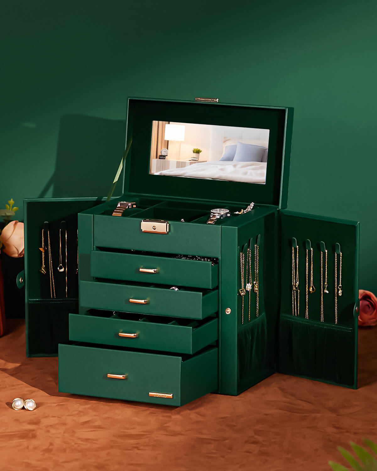 Homde Large Jewelry and Watch Box with Mirror, Lock and 4 Drawers-Homde