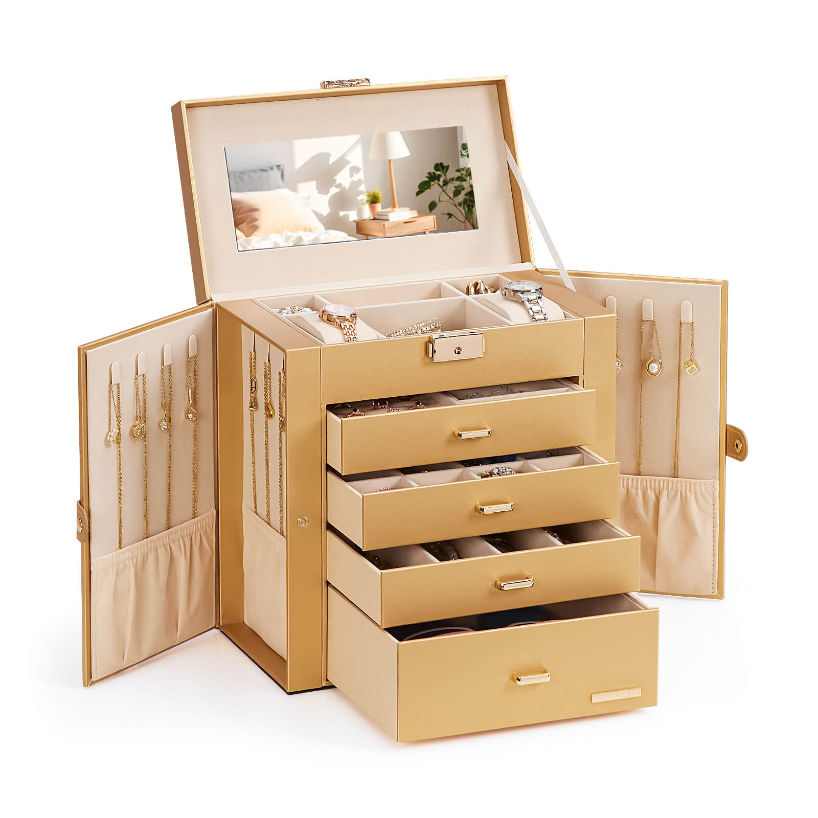 Homde Large Jewelry and Watch Box with Mirror, Lock and 4 Drawers-Homde
