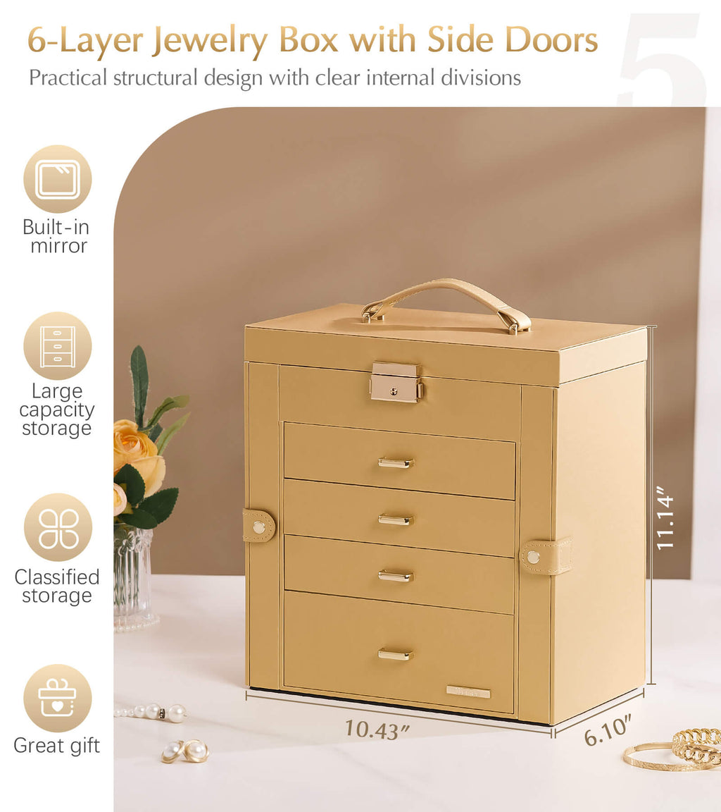 Homde Large Jewelry and Watch Box with Mirror, Lock and 4 Drawers-Homde