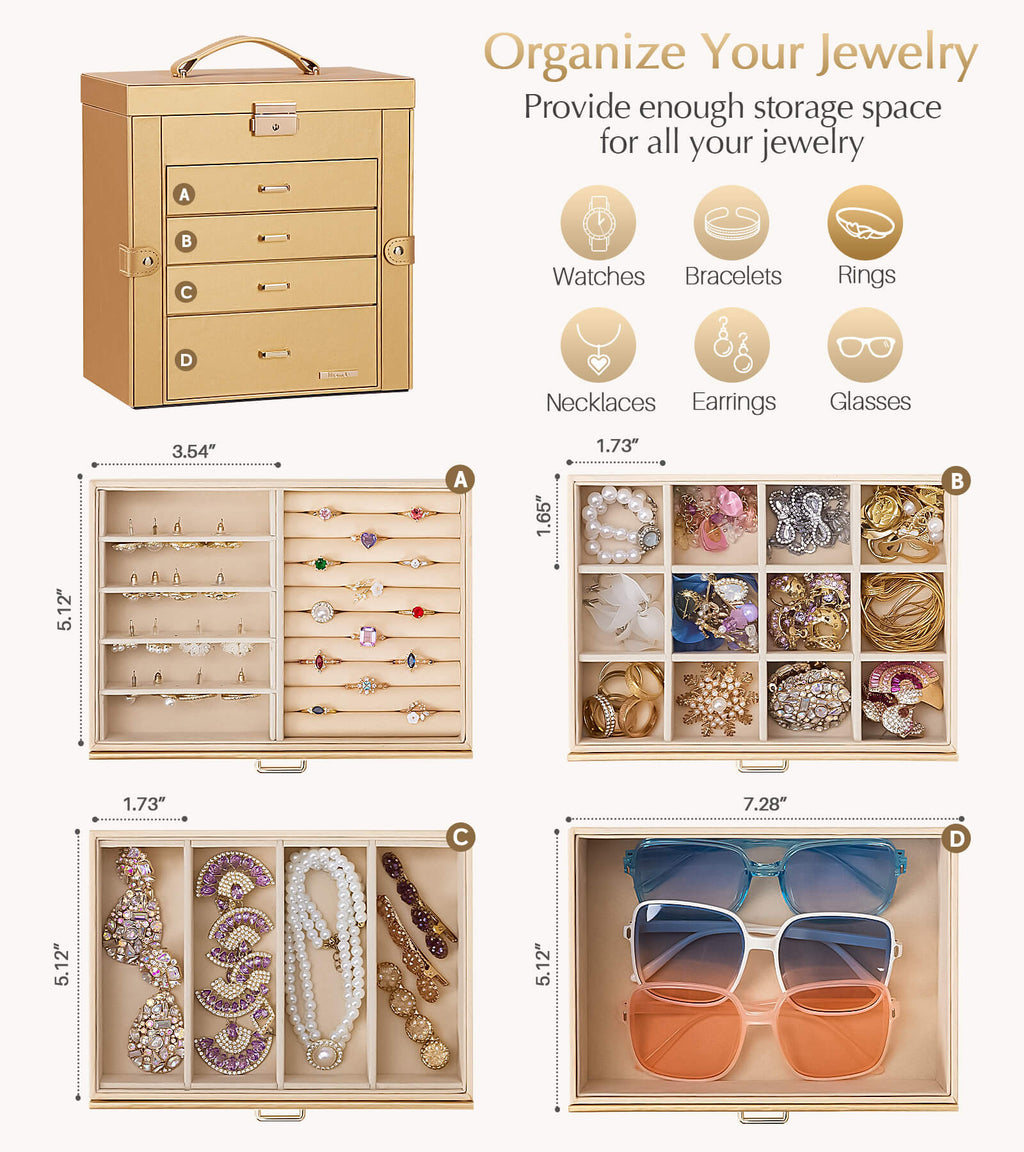 Homde Large Jewelry and Watch Box with Mirror, Lock and 4 Drawers-Homde