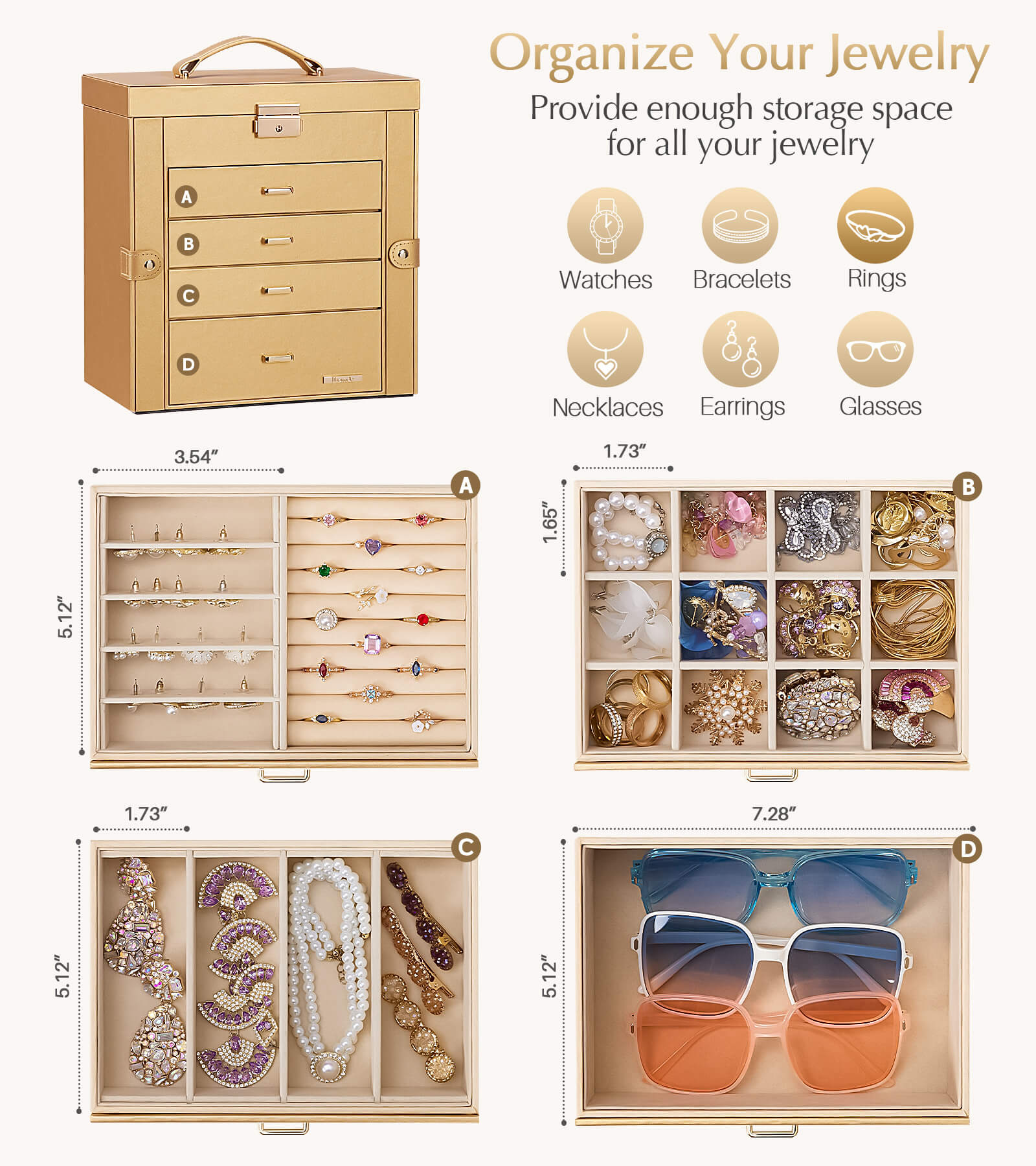 Homde Large Jewelry and Watch Box with Mirror, Lock and 4 Drawers-Homde
