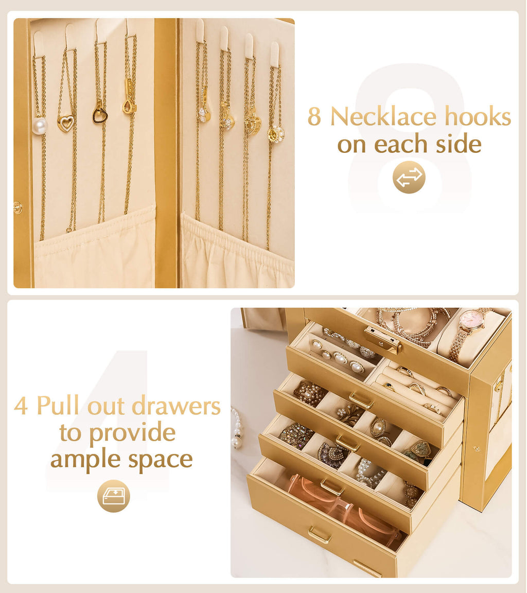 Homde Large Jewelry and Watch Box with Mirror, Lock and 4 Drawers-Homde