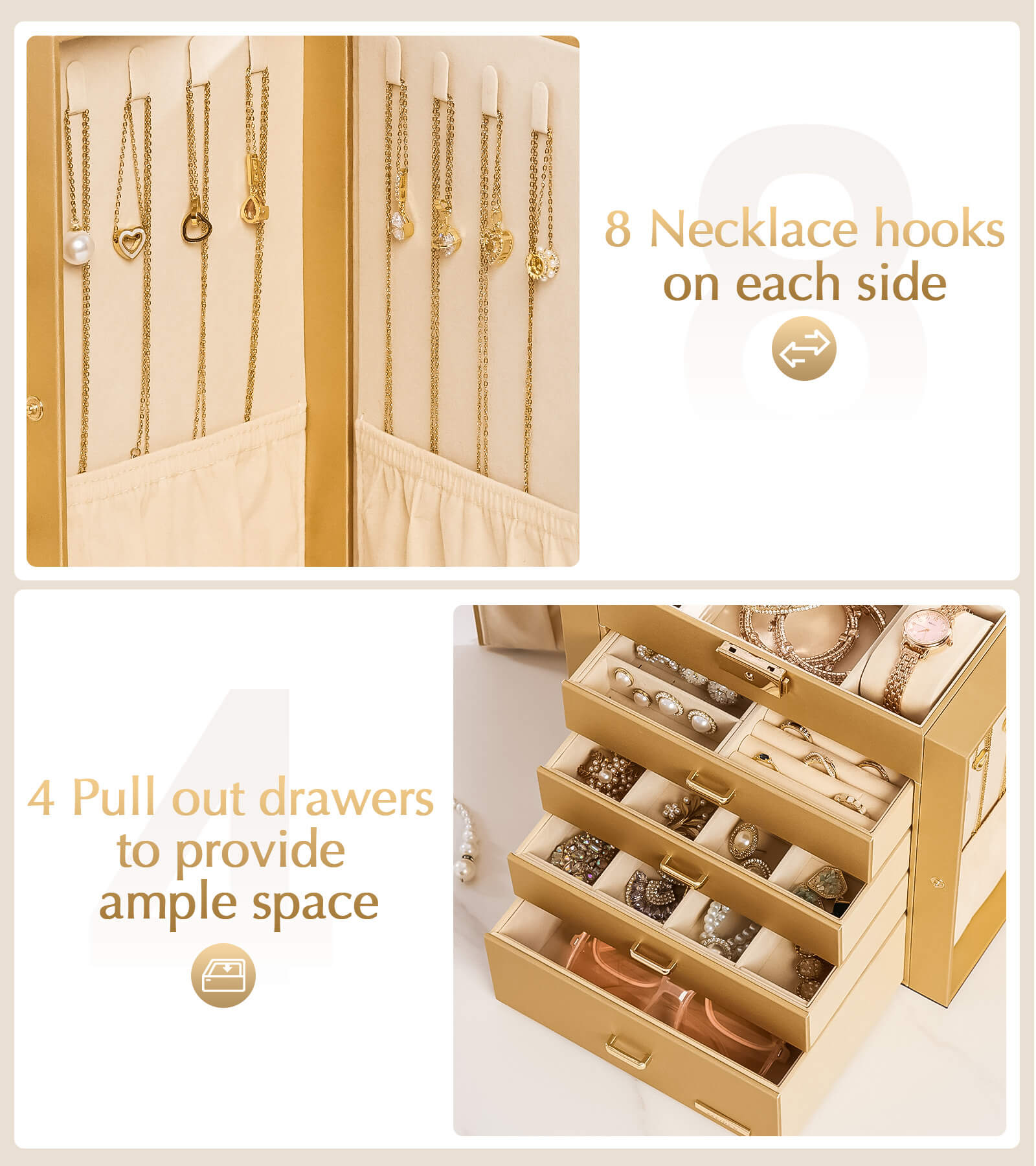 Homde Large Jewelry and Watch Box with Mirror, Lock and 4 Drawers-Homde
