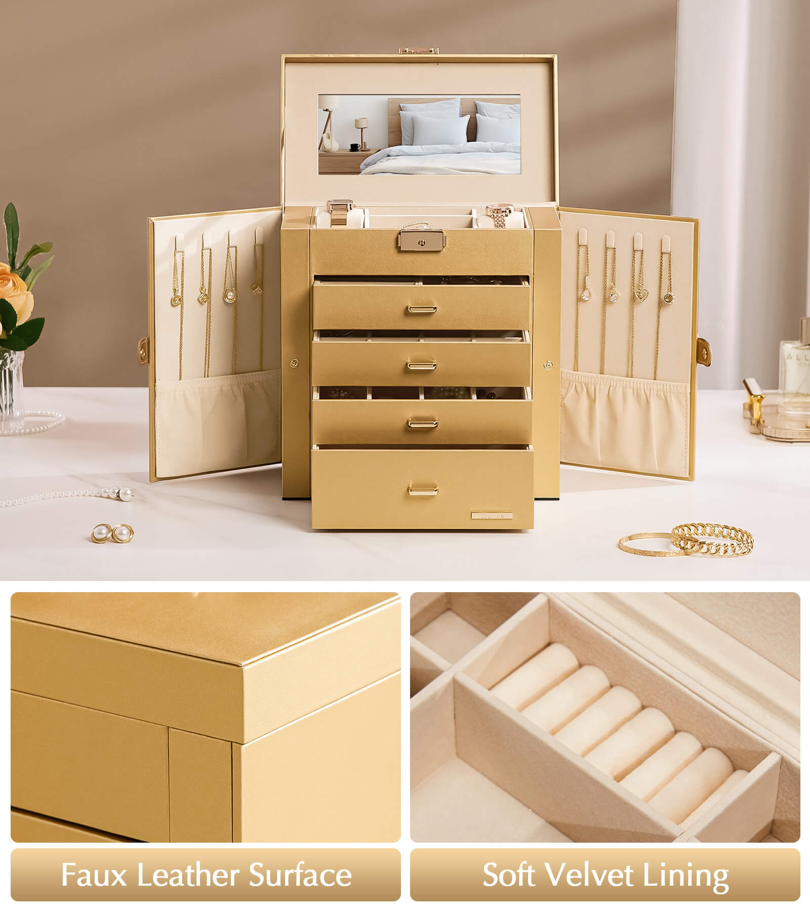 Homde Large Jewelry and Watch Box with Mirror, Lock and 4 Drawers-Homde