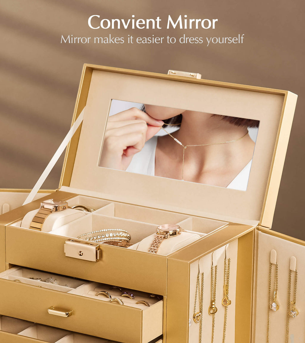 Homde Large Jewelry and Watch Box with Mirror, Lock and 4 Drawers-Homde