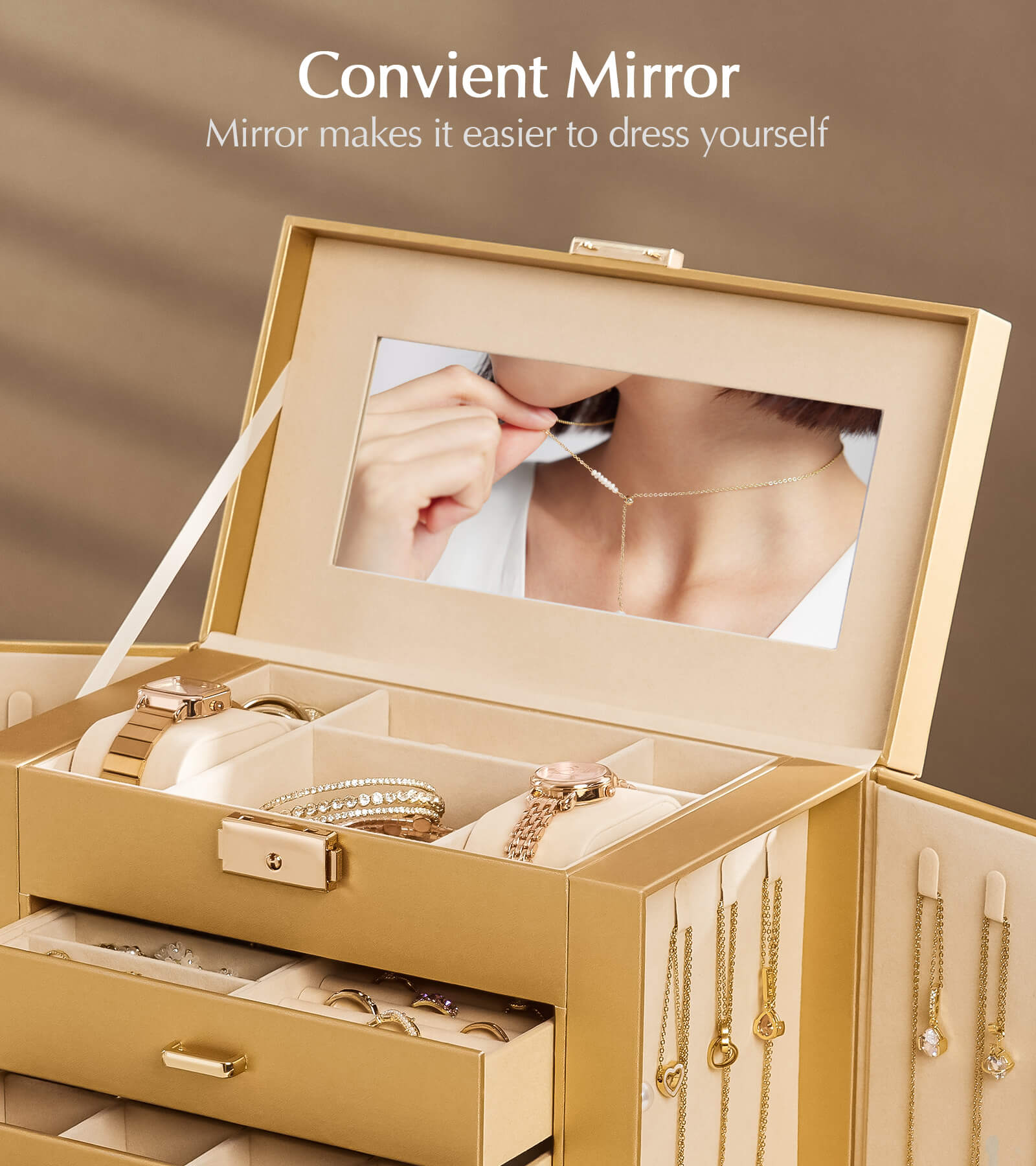 Homde Large Jewelry and Watch Box with Mirror, Lock and 4 Drawers-Homde