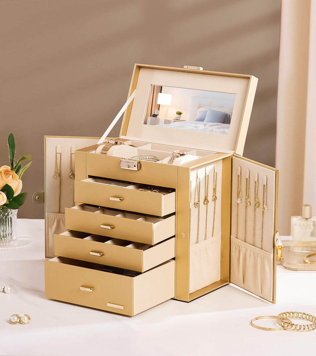 Homde Large Jewelry and Watch Box with Mirror, Lock and 4 Drawers-Homde