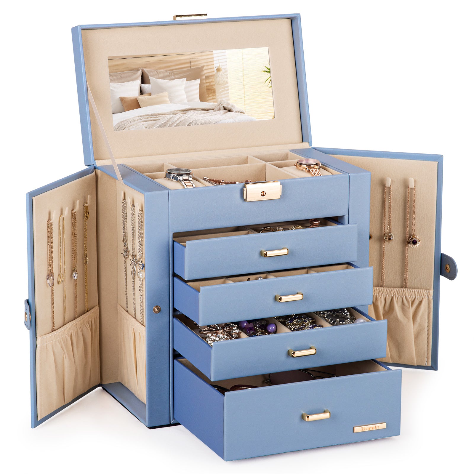 Homde Large Jewelry and Watch Box with Mirror, Lock and 4 Drawers-Homde