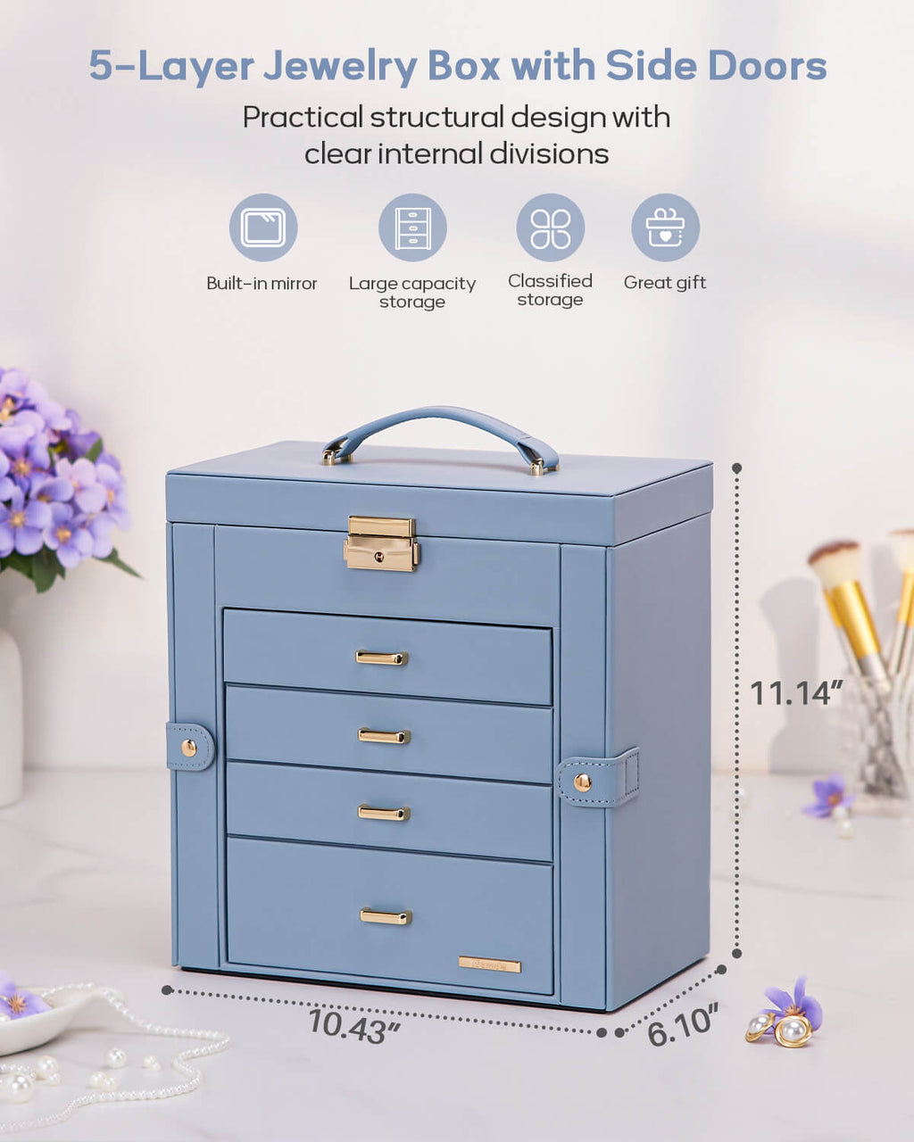 Homde Large Jewelry and Watch Box with Mirror, Lock and 4 Drawers-Homde