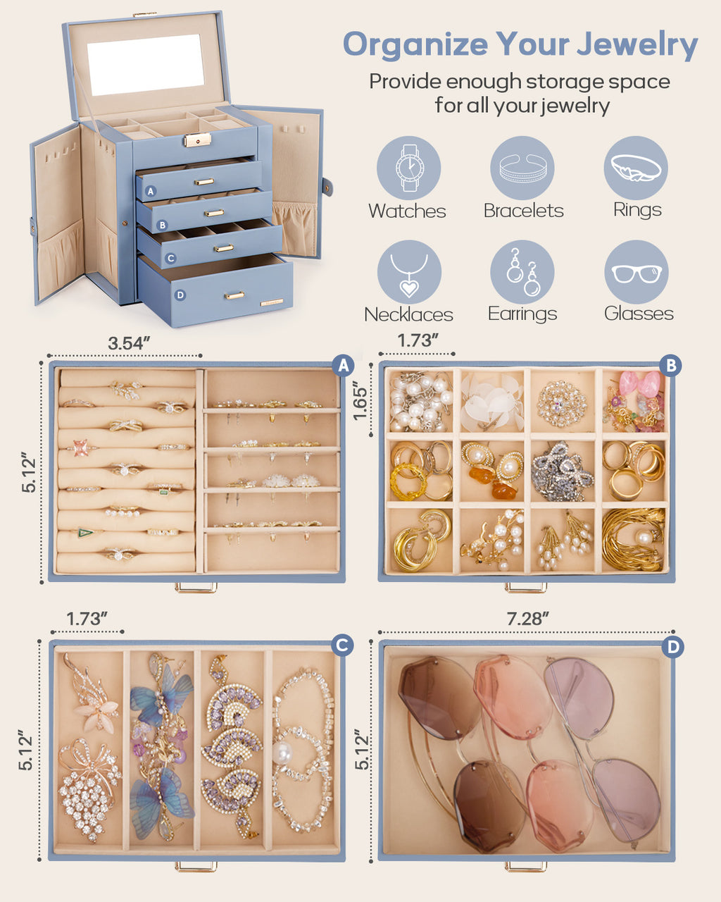 Homde Large Jewelry and Watch Box with Mirror, Lock and 4 Drawers-Homde