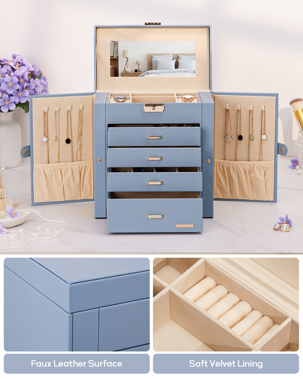 Homde Large Jewelry and Watch Box with Mirror, Lock and 4 Drawers-Homde