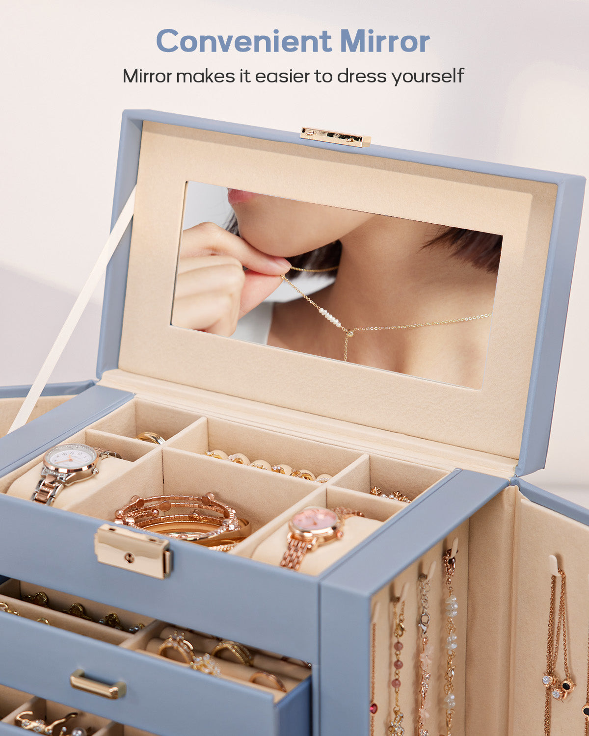 Homde Large Jewelry and Watch Box with Mirror, Lock and 4 Drawers-Homde