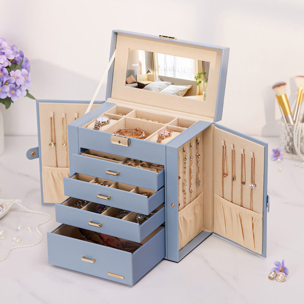 Homde Large Jewelry and Watch Box with Mirror, Lock and 4 Drawers-Homde
