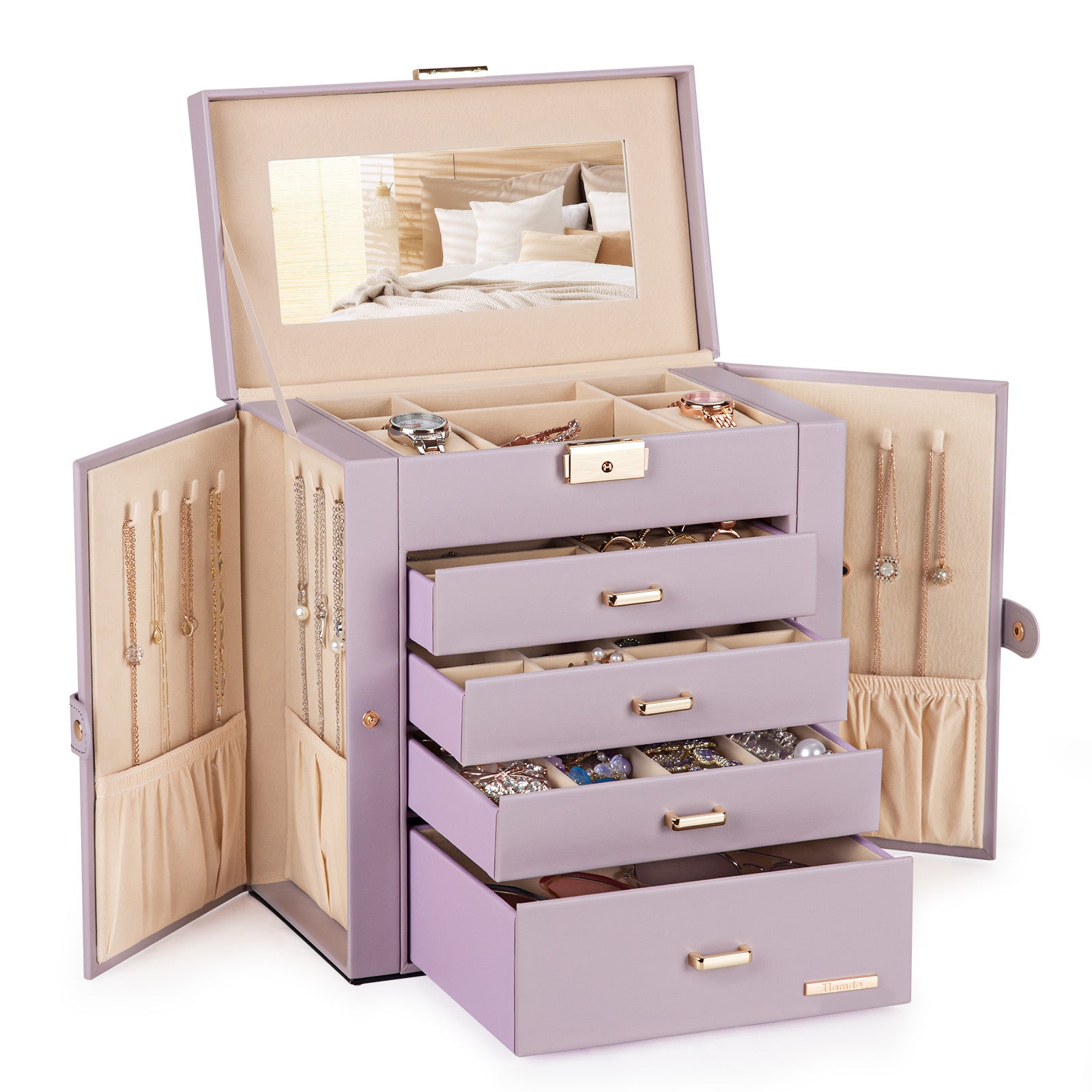 Homde Large Jewelry and Watch Box with Mirror, Lock and 4 Drawers-Homde
