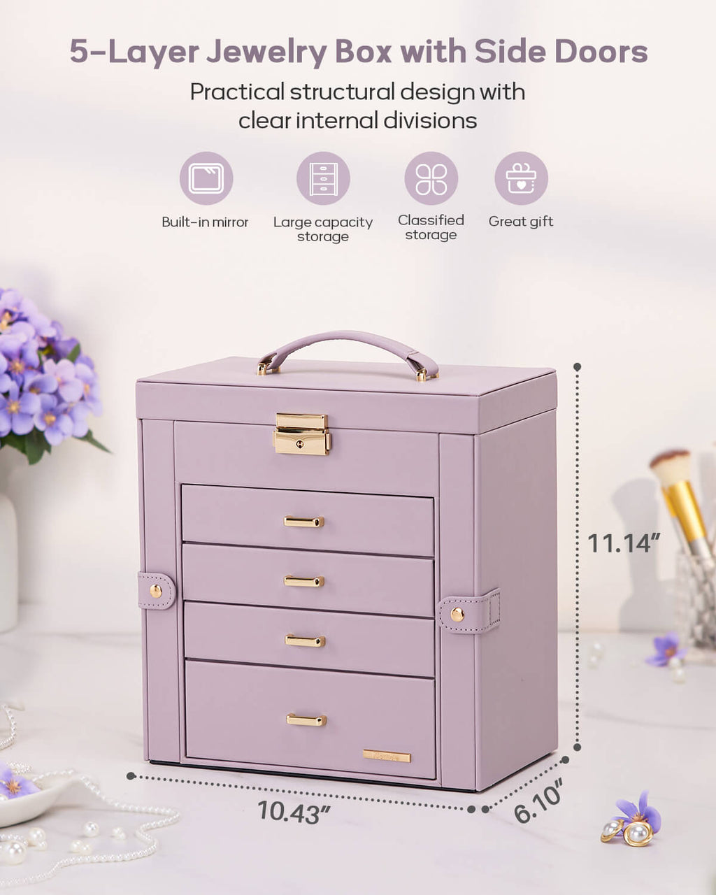 Homde Large Jewelry and Watch Box with Mirror, Lock and 4 Drawers-Homde