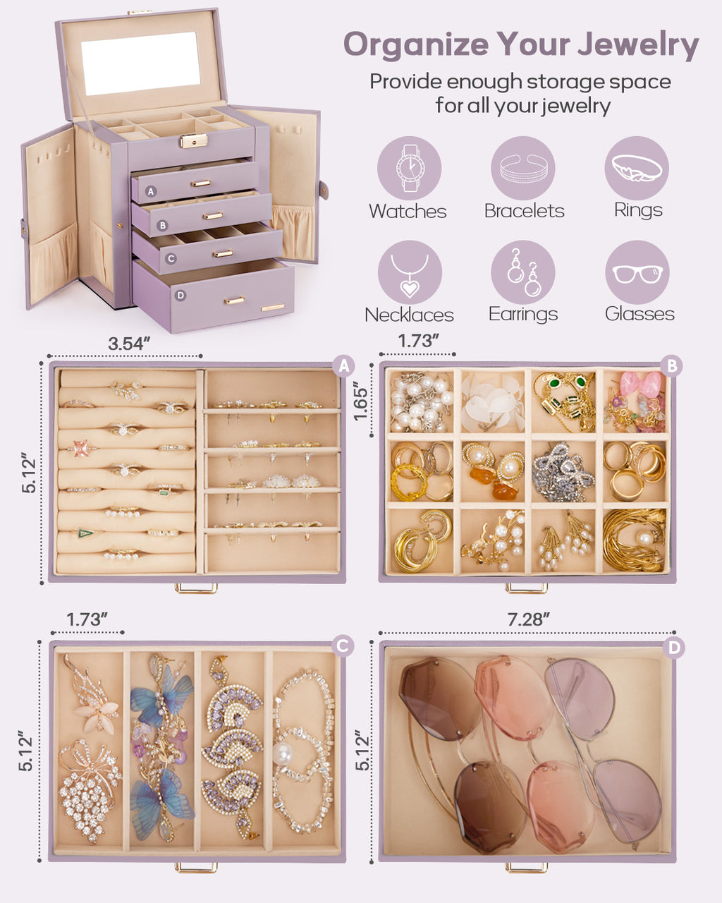 Homde Large Jewelry and Watch Box with Mirror, Lock and 4 Drawers-Homde