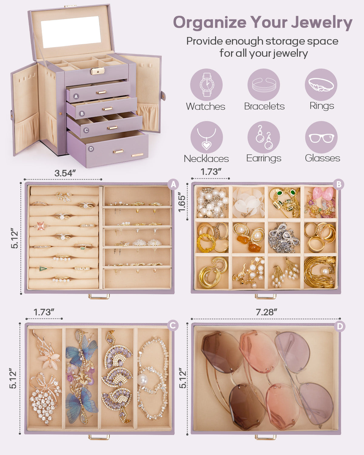 Homde Large Jewelry and Watch Box with Mirror, Lock and 4 Drawers-Homde