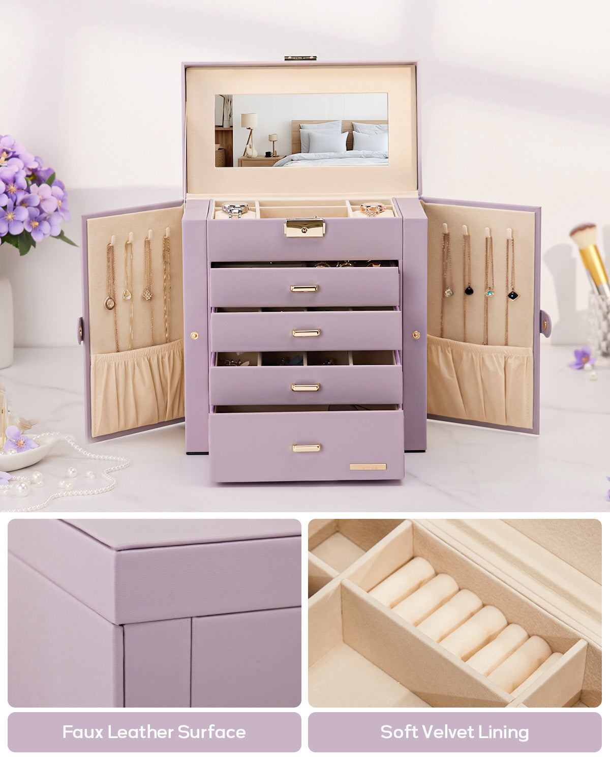 Homde Large Jewelry and Watch Box with Mirror, Lock and 4 Drawers-Homde