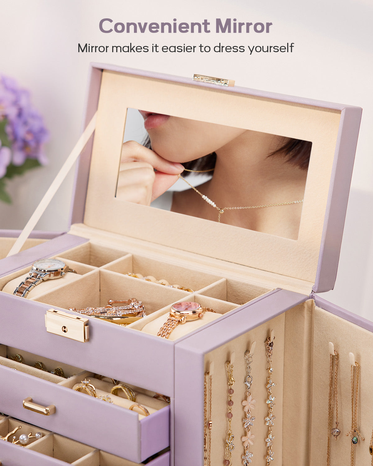 Homde Large Jewelry and Watch Box with Mirror, Lock and 4 Drawers-Homde