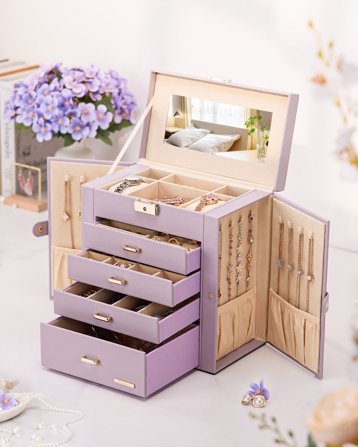 Homde Large Jewelry and Watch Box with Mirror, Lock and 4 Drawers-Homde