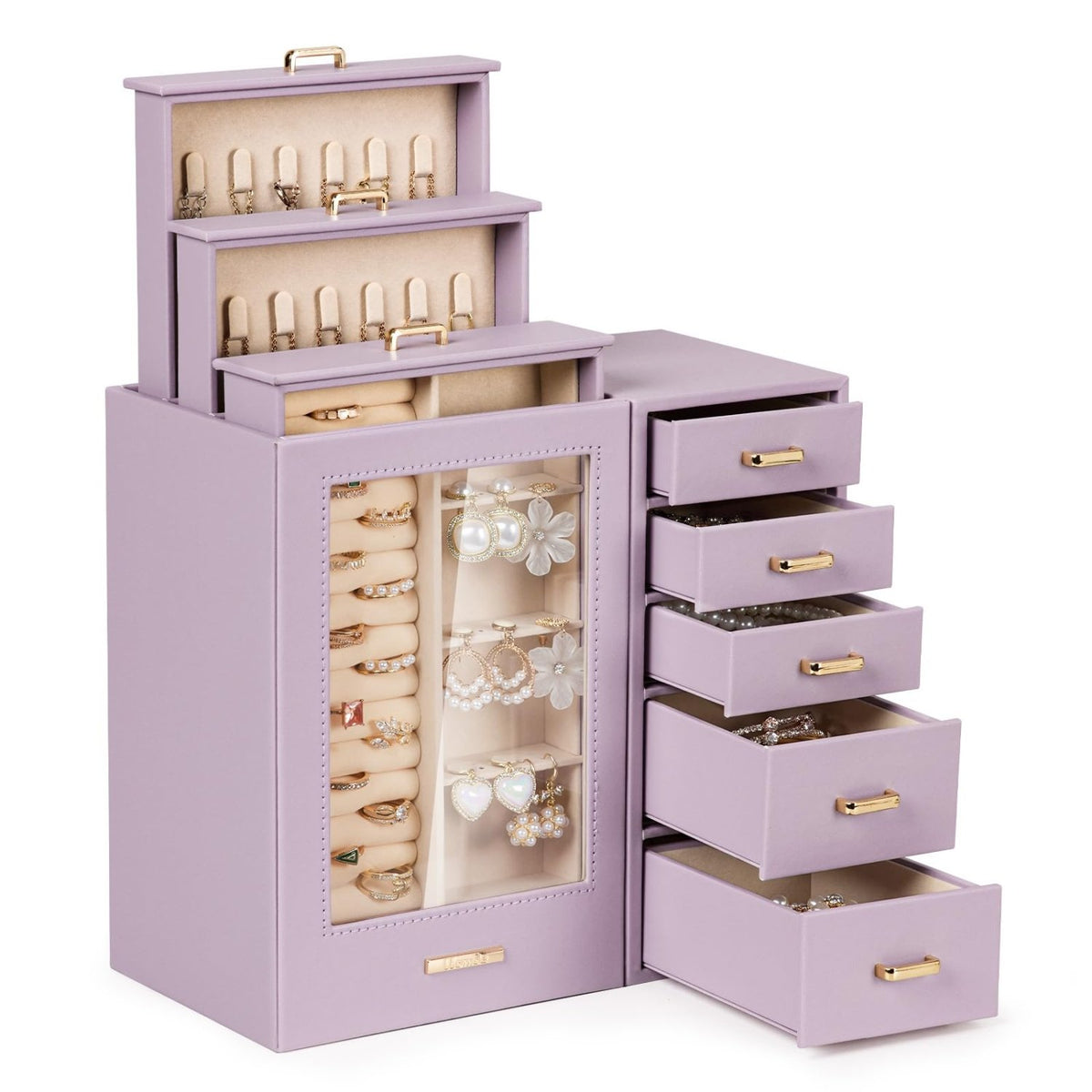 Homde Large Jewelry Box with Glass Window, Drawers and Necklace Hooks-Grey Purple-6-Homde