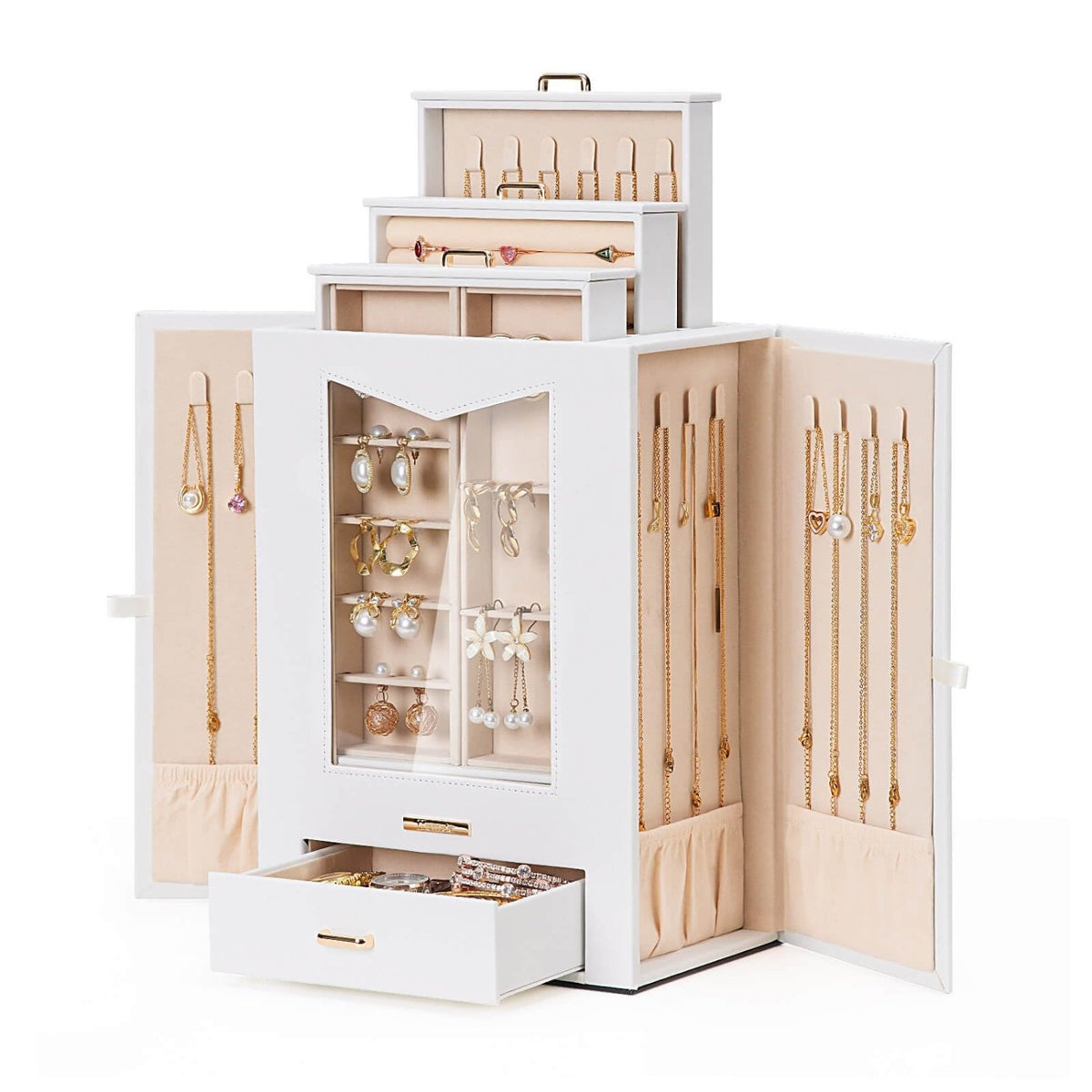 Homde Jewelry Organizer with Transparent Window, Drawers and Necklace Hooks-White+Gold-1-Homde
